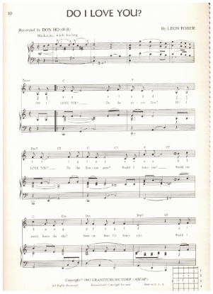 Picture of Do I Love You, Leon Pober, recorded by Don Ho, sheet music