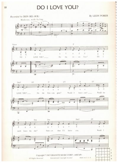Picture of Do I Love You, Leon Pober, recorded by Don Ho, sheet music