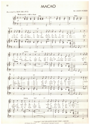 Picture of Macao, Leon Pober, recorded by Don Ho, sheet music