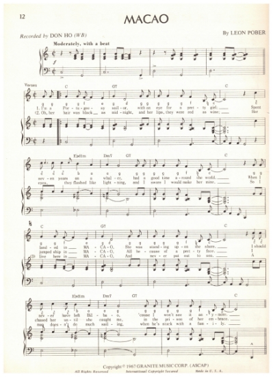 Picture of Macao, Leon Pober, recorded by Don Ho, sheet music