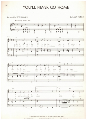 Picture of You'll Never Go Home, Leon Pober, recorded by Don Ho, sheet music
