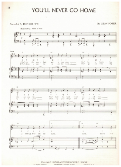 Picture of You'll Never Go Home, Leon Pober, recorded by Don Ho, sheet music