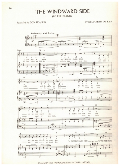 Picture of The Windward Side of the Island, Elizabeth De Lys, recorded by Don Ho, sheet music