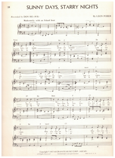 Picture of Sunny Days Starry Nights, Leon Pober, recorded by Don Ho, pdf copy 