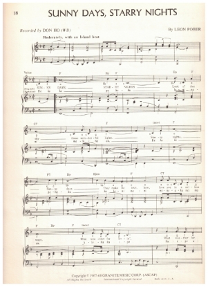 Picture of Sunny Days Starry Nights, Leon Pober, recorded by Don Ho, sheet music