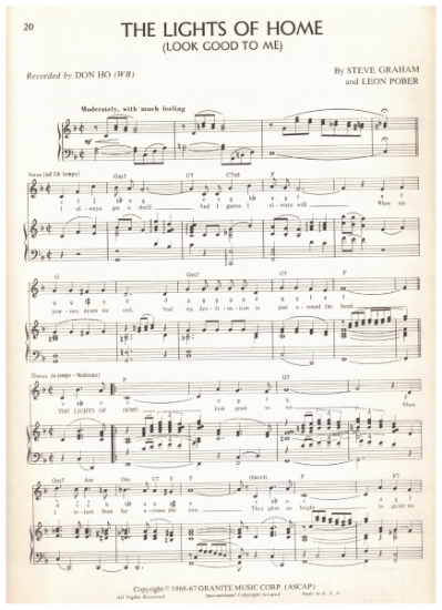 Picture of The Lights of Home (Look Good to Me), Steve Graham & Leon Pober, recorded by Don Ho, pdf copy 