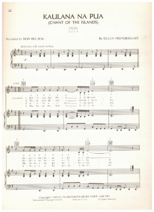 Picture of Kaulana Na Pua (Chant of the Islands), Ellen Prendergast, recorded by Don Ho, pdf copy 