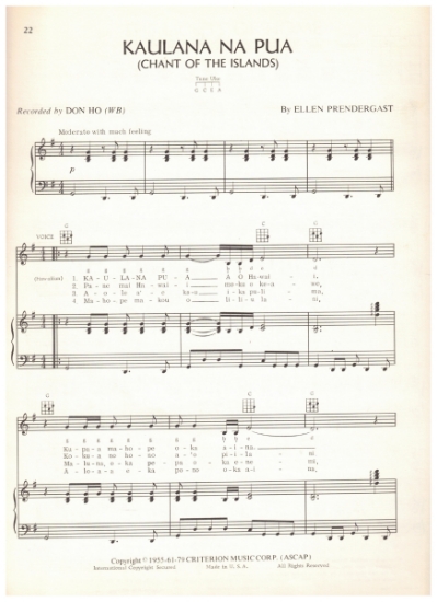 Picture of Kaulana Na Pua (Chant of the Islands), Ellen Prendergast, recorded by Don Ho, pdf copy 