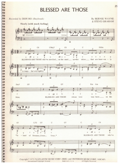 Picture of Blessed Are Those, Bernie Wayne & Steve Graham, recorded by Don Ho, sheet music