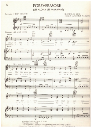 Picture of Forevermore (Lei Aloha Lei Makamae), Milt Raskin & Chas. E. King, recorded by Don Ho, sheet music