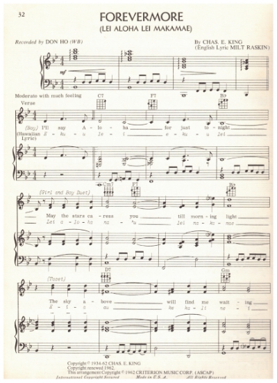 Picture of Forevermore (Lei Aloha Lei Makamae), Milt Raskin & Chas. E. King, recorded by Don Ho, sheet music