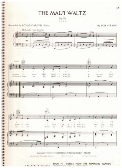 Picture of The Mau'i(Maui) Waltz, Bob Nelson, recorded by Don Ho, pdf copy 