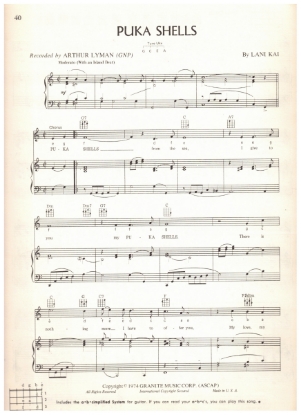 Picture of Puka Shells, Lana Kai, recorded by Don Ho, pdf copy 