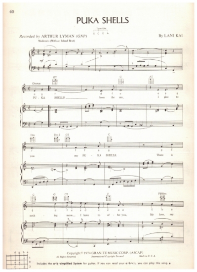 Picture of Puka Shells, Lana Kai, recorded by Don Ho, sheet music