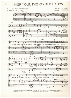 Picture of Keep Your Eyes on the Hands, Tony Todaro & Mary Johnston, recorded by Don Ho, sheet music