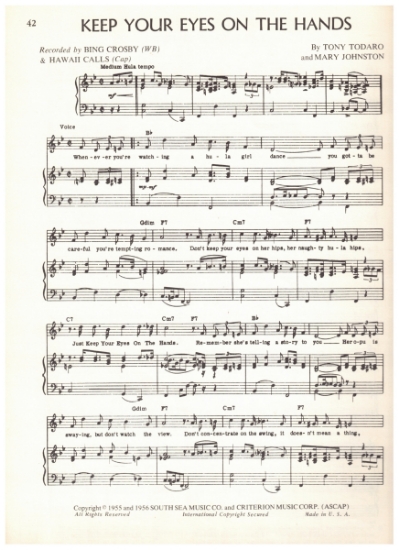 Picture of Keep Your Eyes on the Hands, Tony Todaro & Mary Johnston, recorded by Don Ho, sheet music