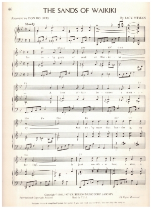 Picture of The Sands of Waikiki, Jack Pitman, recorded by Don Ho, pdf copy 
