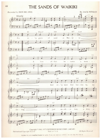 Picture of The Sands of Waikiki, Jack Pitman, recorded by Don Ho, sheet music