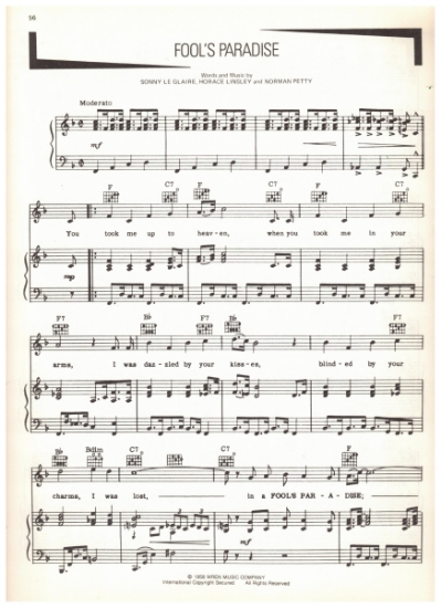 Picture of Fool's Paradise, Sonny Le Glaire/ Horace Linsley/ Norman Petty, recorded by Buddy Holly, pdf copy 
