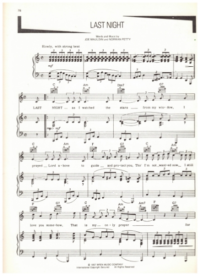 Picture of Last Night, Joe Mauldin & Norman Petty, recorded by Buddy Holly, pdf copy