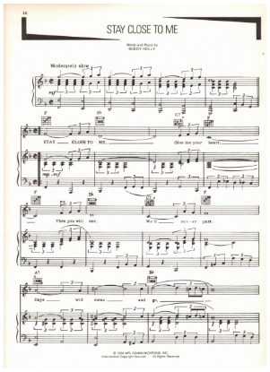 Picture of Stay Close To Me, words and music by Buddy Holly, recorded by Buddy Holly, sheet music