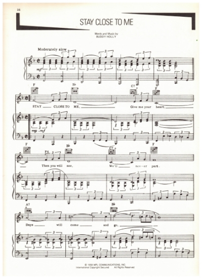 Picture of Stay Close To Me, words and music by Buddy Holly, recorded by Buddy Holly, sheet music