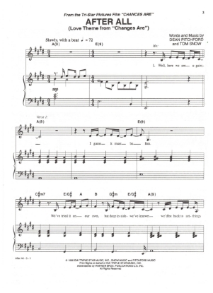 Picture of After All, love theme from movie "Cances Are", Dean Pitchford & Tom Snow, vocal duet recorded by Cher & Peter Cetera, pdf copy 