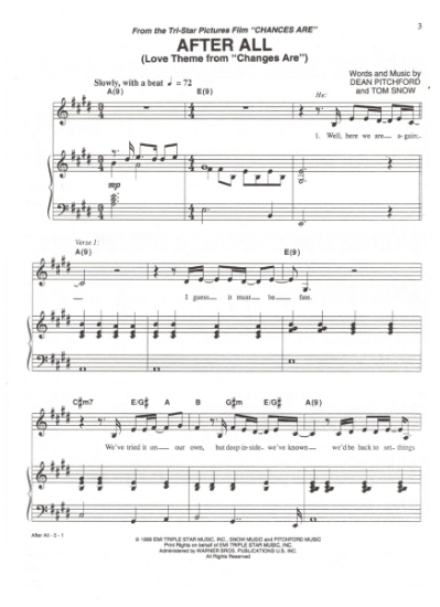 Picture of After All, love theme from movie "Cances Are", Dean Pitchford & Tom Snow, vocal duet recorded by Cher & Peter Cetera, pdf copy 