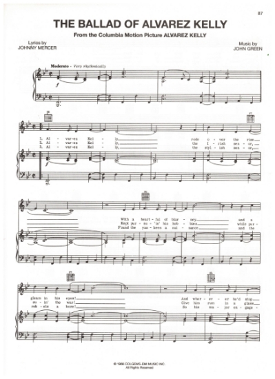 Picture of The Ballad of Alvarez Kelly, movie title song, Johhy Mercer & John Green, recorded by The Brothers Four, sheet music