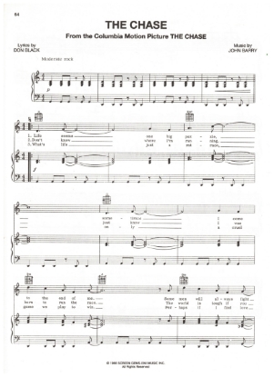 Picture of The Chase, movie title song, Don Black & John Barry, sheet music