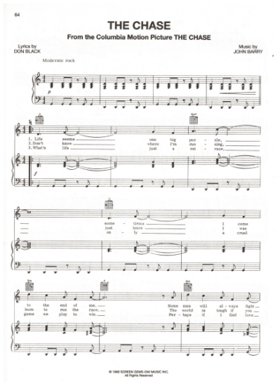Picture of The Chase, movie title song, Don Black & John Barry, sheet music