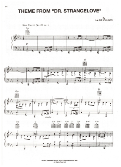 Picture of Theme from Dr. Strangelove, movie title song, Laurie Johnson, sheet music