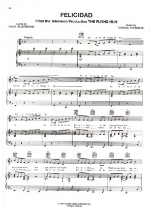 Picture of Felicidad, from TV show "The Flying Nun", Diane Hilderbrand & Dominic Frontiere, sheet music