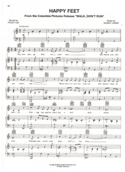 Picture of Happy Feet, from movie "Walk Don't Run", Peggy Lee & Quincy Jones, sheet music