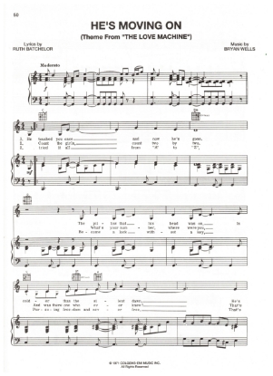 Picture of He's Moving On, from movie "The Love Machine", sung by Dionne Warwick, Ruth Batchelor & Bryan Wells, pdf copy