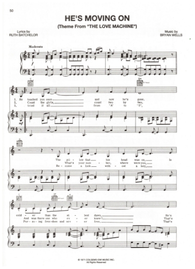 Picture of He's Moving On, from movie "The Love Machine", sung by Dionne Warwick, Ruth Batchelor & Bryan Wells, pdf copy