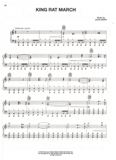 Picture of King Rat March, movie title theme, John Barry, sheet music