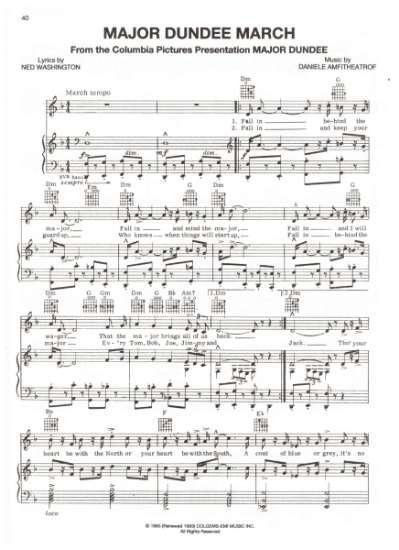 Picture of Major Dundee March, movie title song, Ned Washington & Daniele Amfitheatrof, sheet music