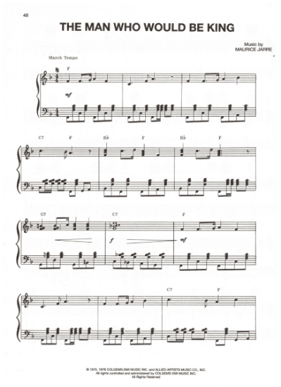Picture of The Man Who Would Be King, movie title theme, Maurice Jarre, sheet music