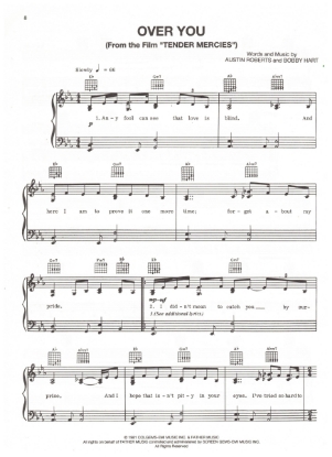 Picture of Over You, from movie "Tender Mercies", recorded by Betty Buckley, Austin Roberts & Bobby Heart, sheet music