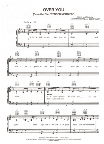 Picture of Over You, from movie "Tender Mercies", recorded by Betty Buckley, Austin Roberts & Bobby Heart, sheet music