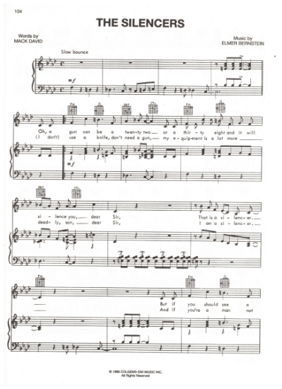 Picture of The Silencers, movie title song, sung by Vicki Carr, Mack David & Elmer Bernstein, sheet music
