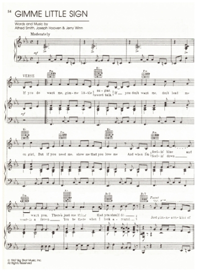 Picture of Gimme Little Sign, Alfred Smith/ Joseph Hooven/ Jerry Winn, recorded by Brenton Wood, pdf copy