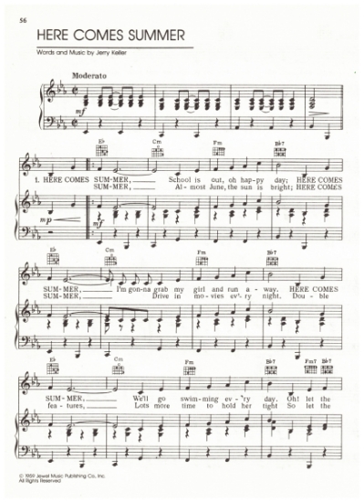 Picture of Here Comes Summer, written & recorded by Jerry Keller, sheet music