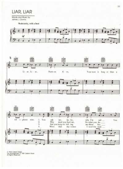 Picture of Liar Liar, James J. Donna, recorded by The Castaways, sheet music