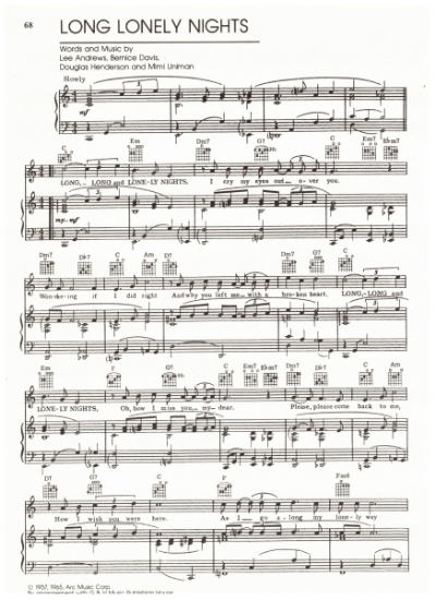 Picture of Long Lonely Nights, Lee Andrews/ Bernice Davis/ Douglas Henderson/ Mimi Uniman, recorded by Bobby Vinton; Lee Andrews & the Hearts, pdf copy