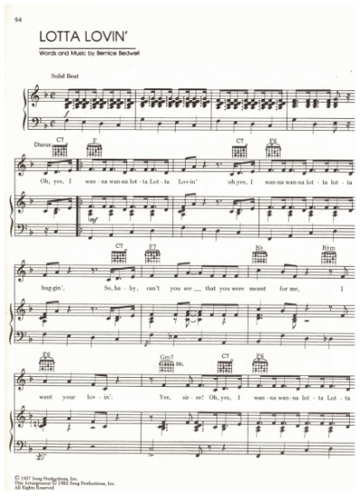 Picture of Lotta Lovin', Bernice Bedwell, recorded by 1) Gene Vincent 2) Don McLean, sheet music