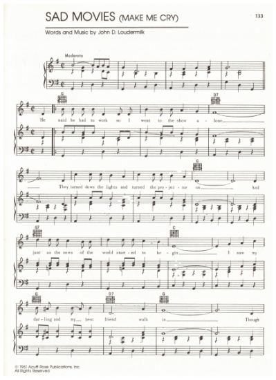 Picture of Sad Movies (Make Me Cry), John D. Loudermilk recorded by Sue Thompson, sheet music