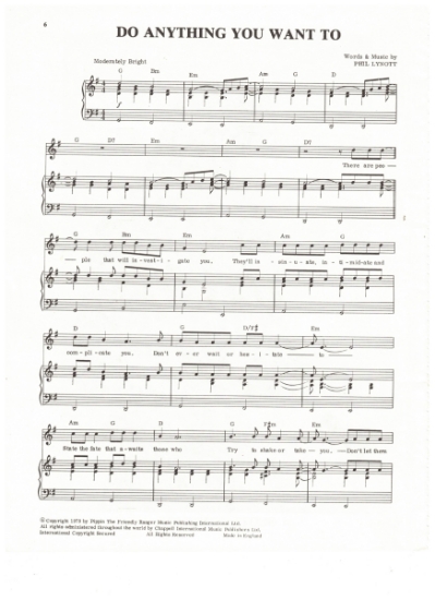 Picture of Do Anything You Want To, Phil Lynott, recorded by Thin Lizzy, sheet music