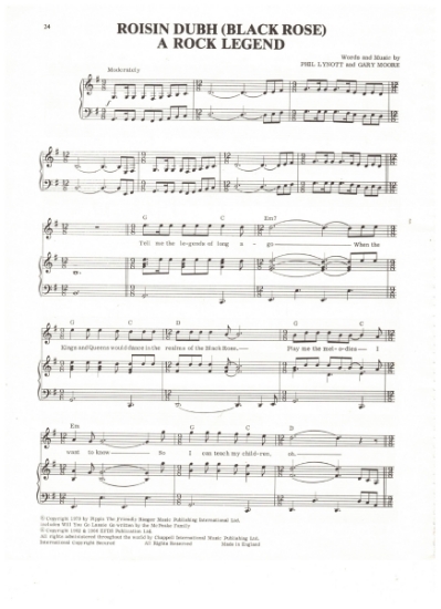 Picture of Roisin Dubh, Black Rose, A Rock Legend, Phil Lynott & Gary Moore, recorded by Thin Lizzy, sheet music